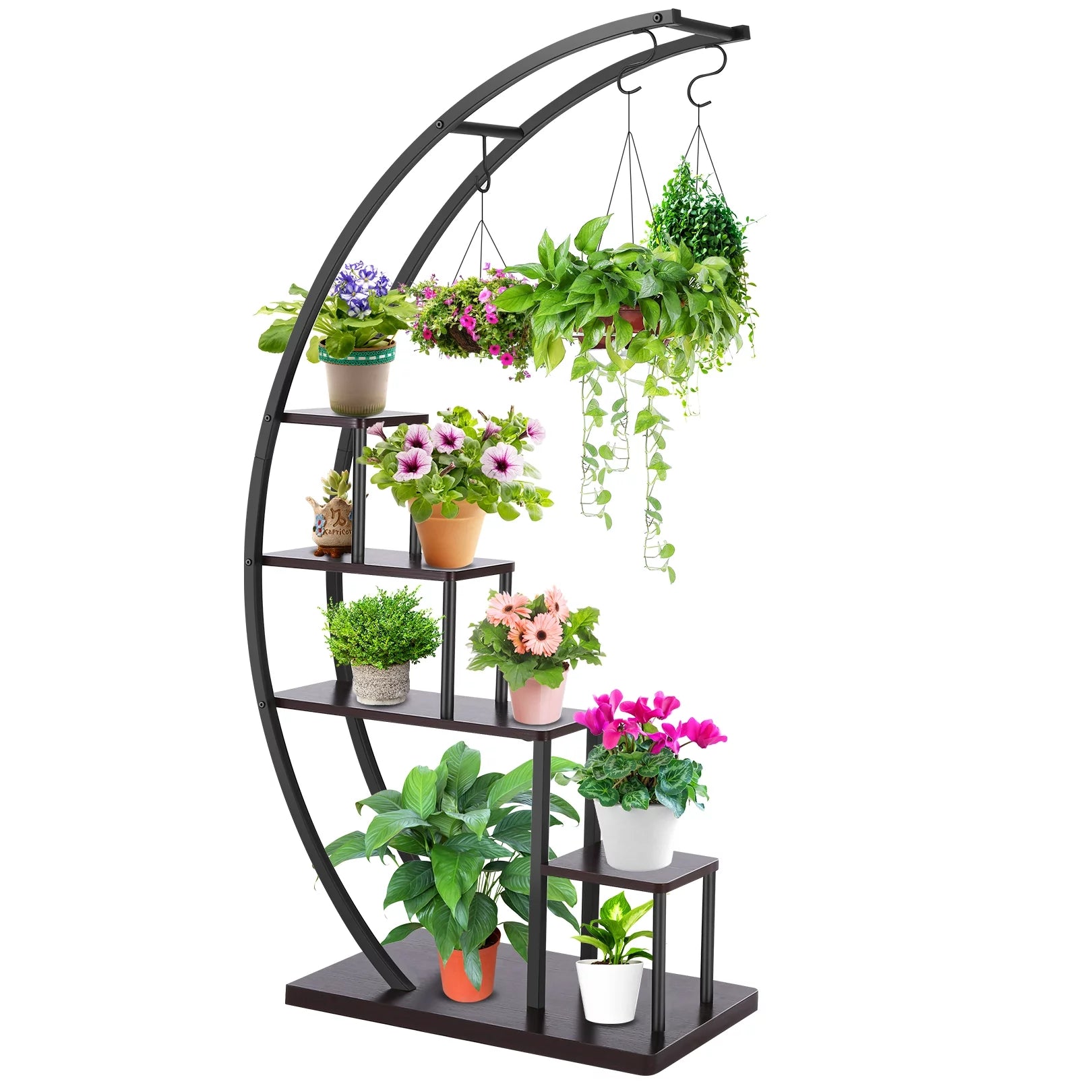 5 Tier Plant Stand for Indoor Plants, Half Moon Shape Plant Shelf with Hanging Hook, Multiple Planter Display for Home Decor, Living Room, Balcony, and Bedroom