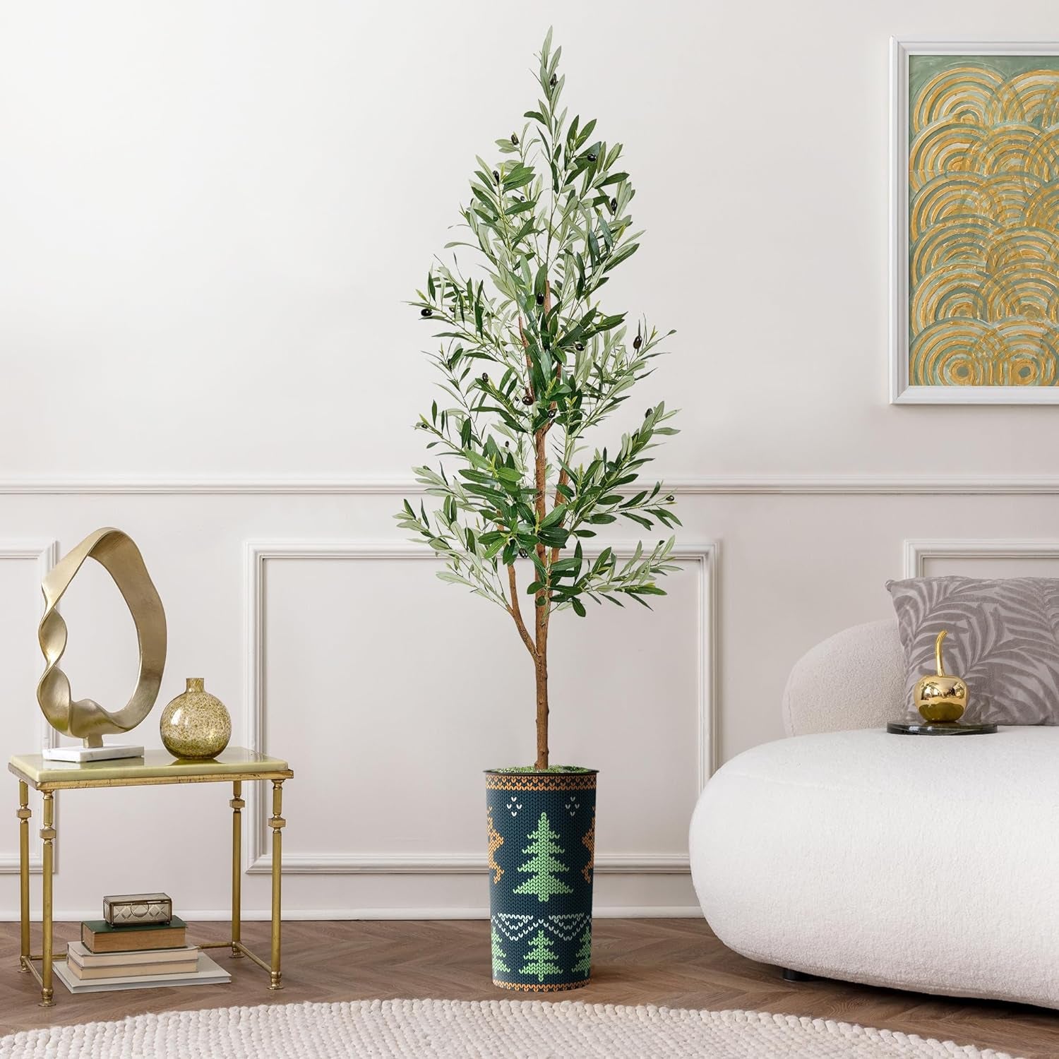 Artificial Tree in Modern Christmas Deer Pattern Planter, Fake Olive Silk Tree for Indoor and Outdoor Home Decoration - 68" Overall Tall (Plant Pot plus Tree)