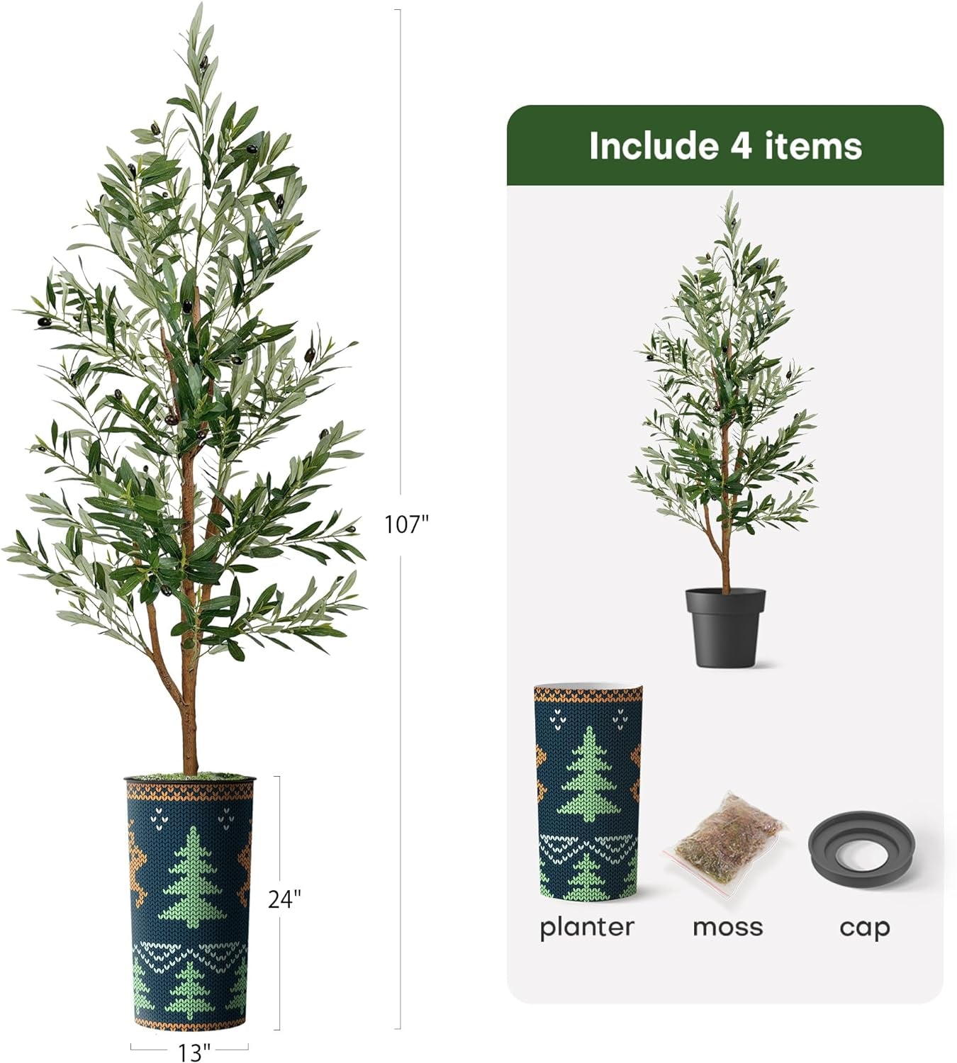 Artificial Tree in Modern Christmas Deer Pattern Planter, Fake Olive Silk Tree for Indoor and Outdoor Home Decoration - 68" Overall Tall (Plant Pot plus Tree)