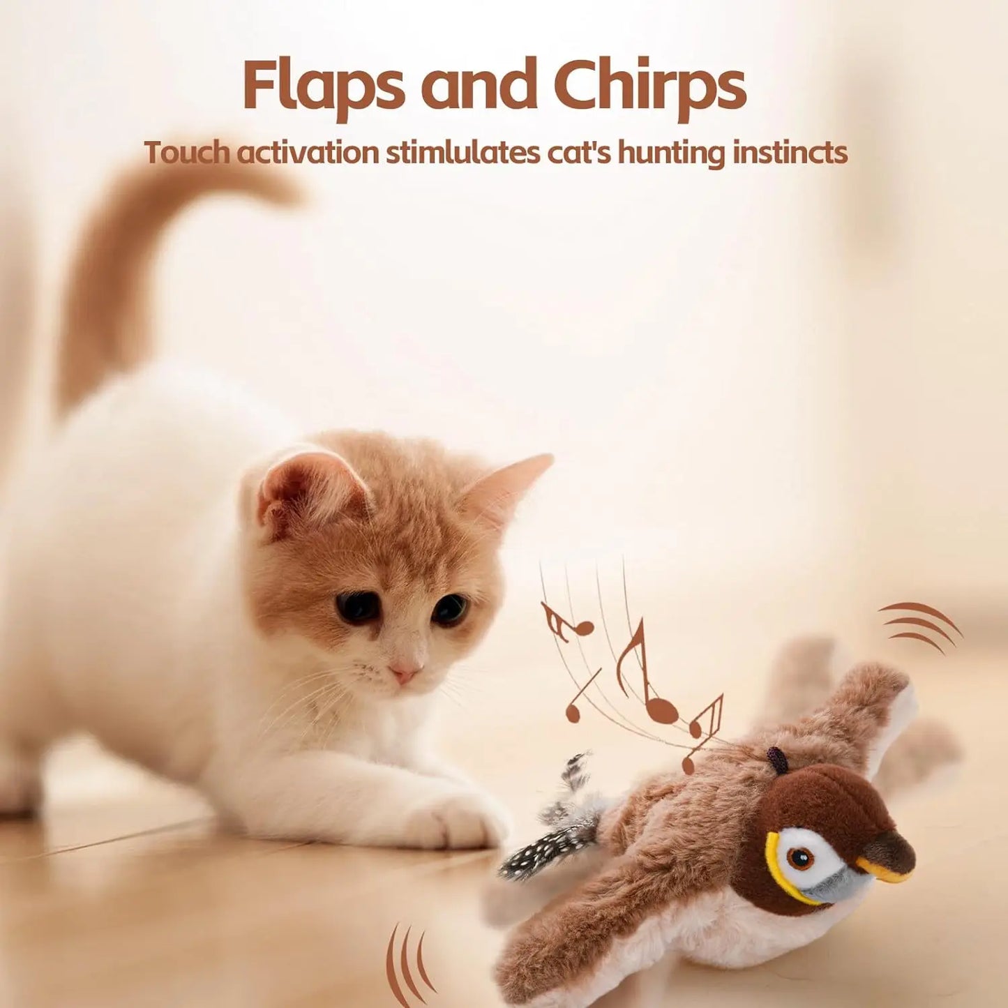 Interactive Cat Toys, Rechargeable Chirping Flapping Bird(No Flying) with Catnip for Indoor Cats, Touch Activated Plush Toys