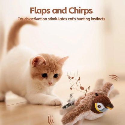 Interactive Cat Toys, Rechargeable Chirping Flapping Bird(No Flying) with Catnip for Indoor Cats, Touch Activated Plush Toys