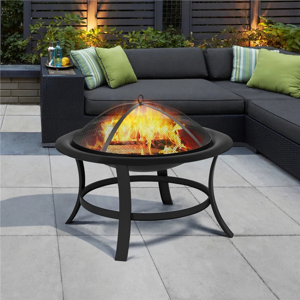 29'' round Iron Fire Pit with Spark Screen Fire Poker, Black