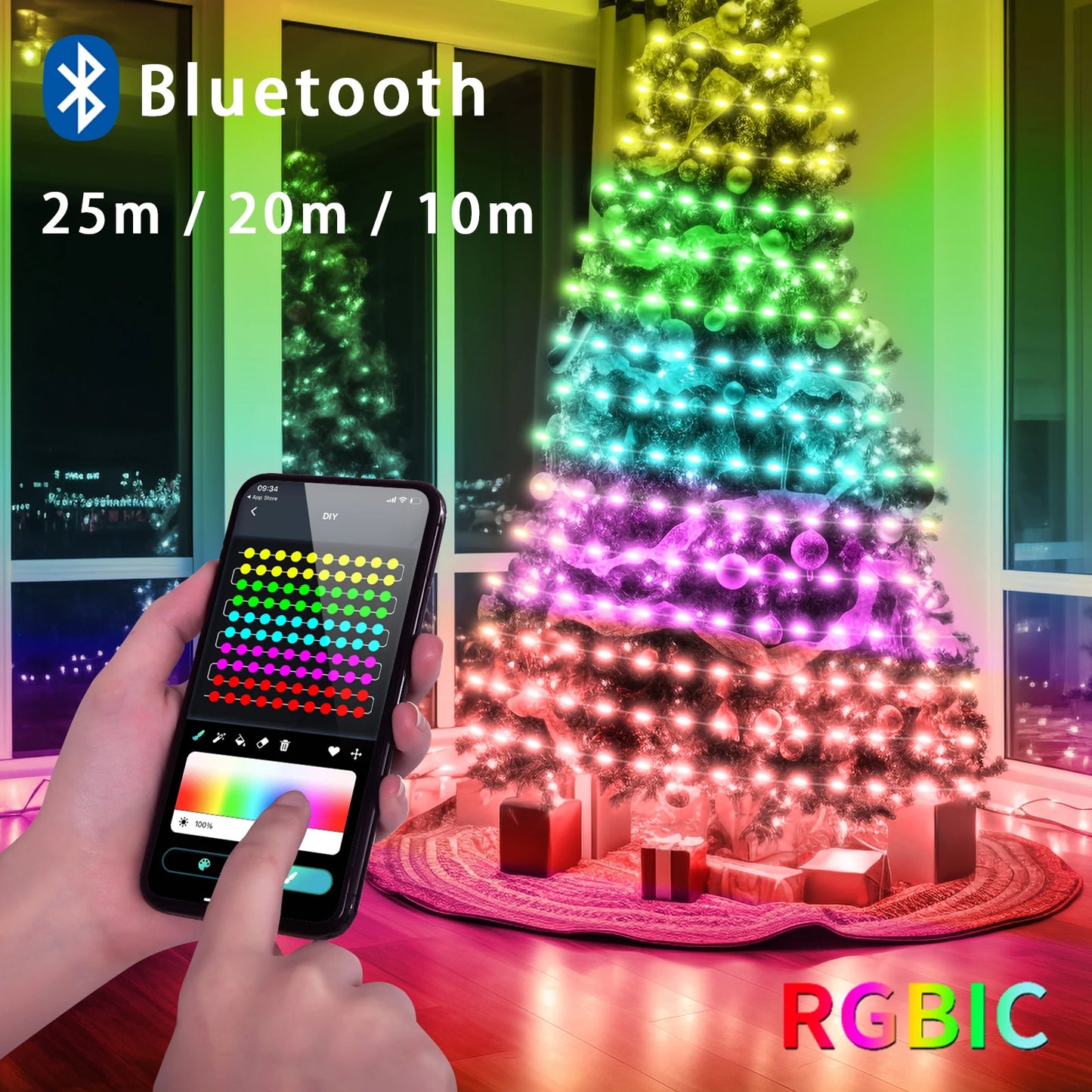 5V USB RGBIC Fairy String Light 25/20/10M Christmas Light with Bluetooth APP and Remote Control for Xmas Tree Garland Decoration