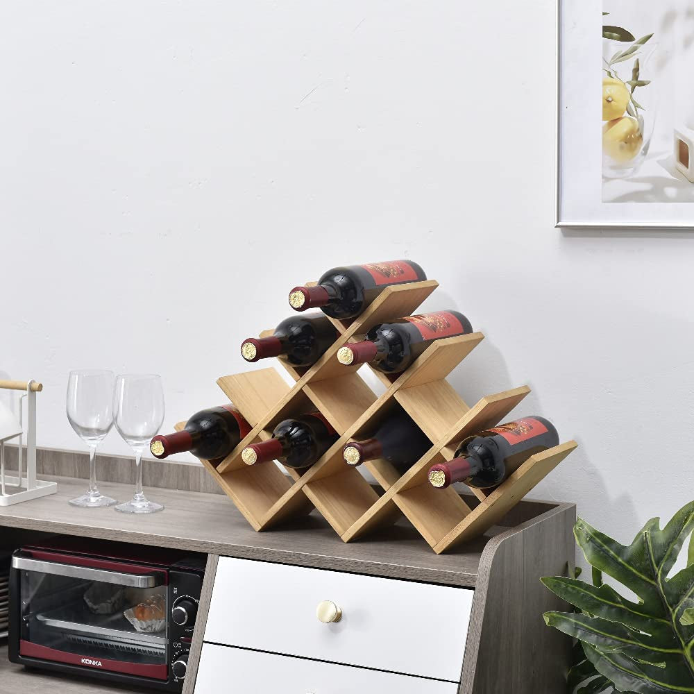 8-Bottle Countertop Wine Rack - Wine Bottle Holder for Bar Table/Wine Cabinet Free Standing - Wood 3-Tier Wine Display and Storage Shelves Dark Brown XHJJ3-DBR