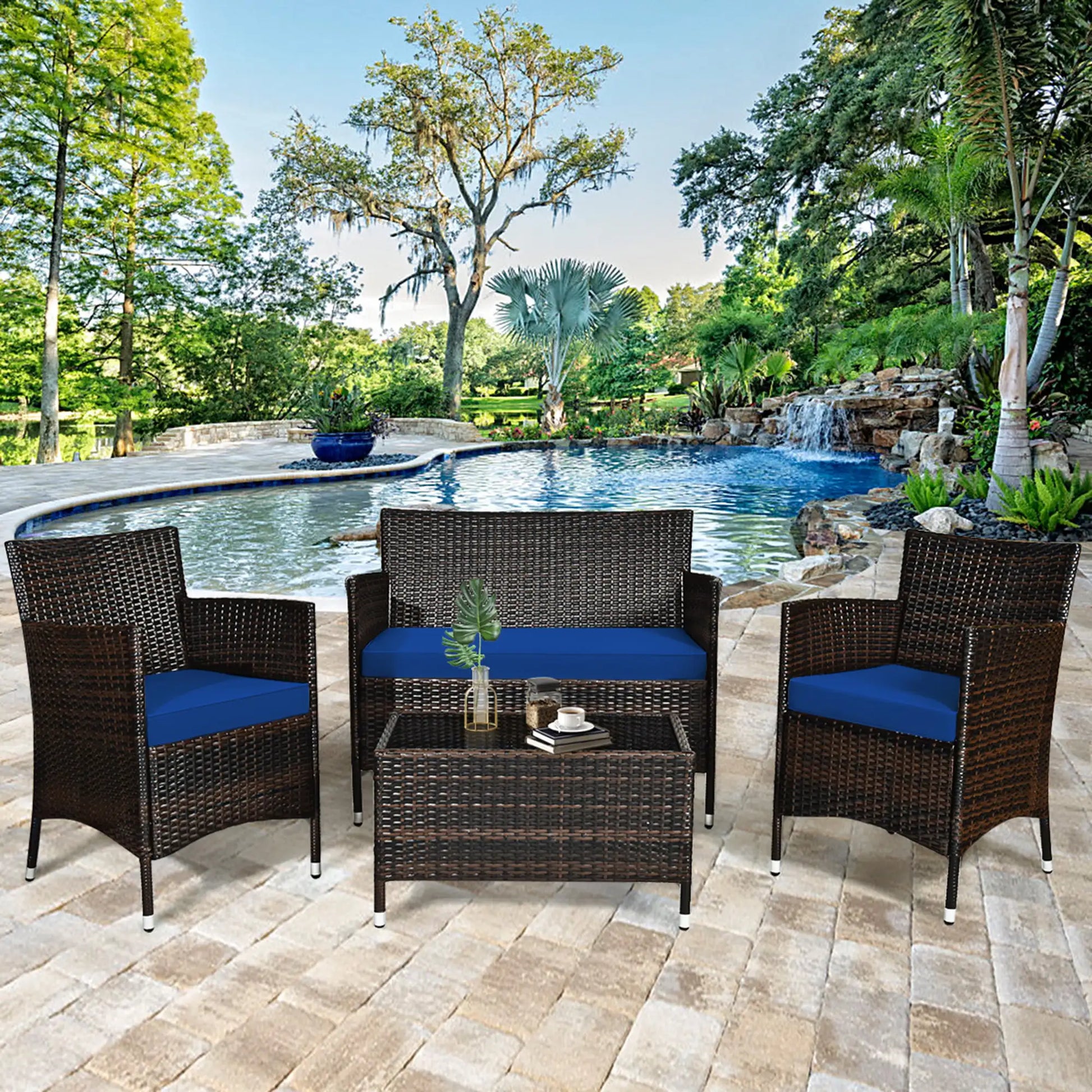 4PCS Patio Rattan Conversation Furniture Set Outdoor W/ Navy Cushion