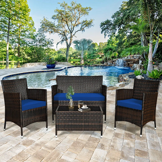 4PCS Patio Rattan Conversation Furniture Set Outdoor W/ Navy Cushion