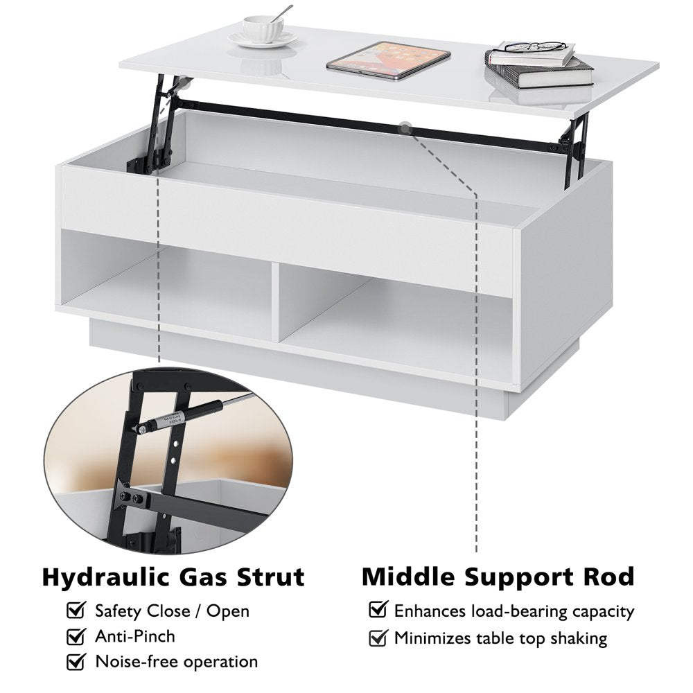 Lift Top Coffee Table with Hidden Compartment High Gloss LED Coffee Tables Center Rising Cocktail Table for Living Room Accent Furniture White Finish