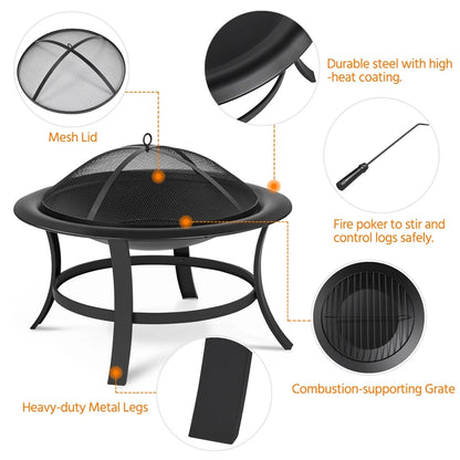 29'' round Iron Fire Pit with Spark Screen Fire Poker, Black