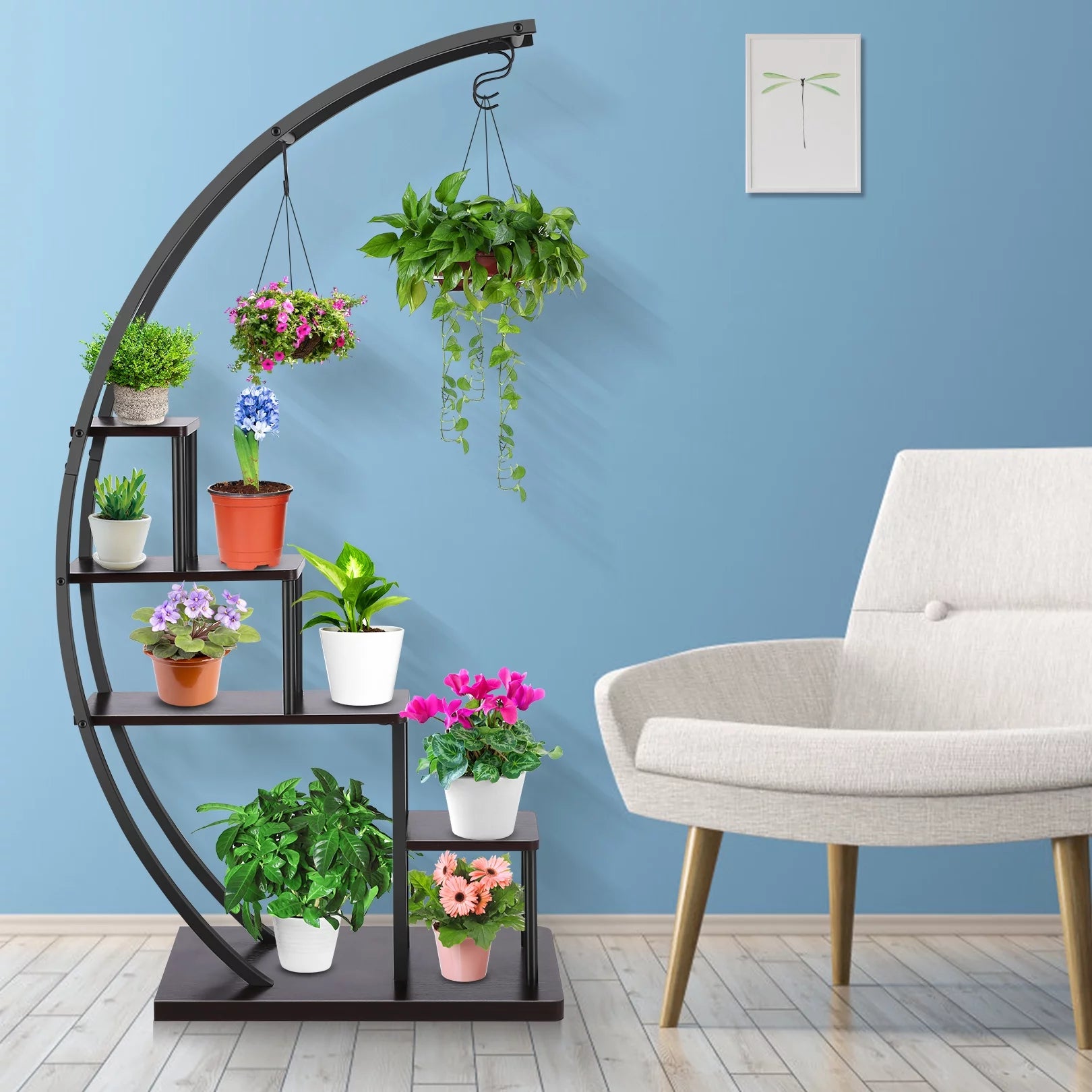 5 Tier Plant Stand for Indoor Plants, Half Moon Shape Plant Shelf with Hanging Hook, Multiple Planter Display for Home Decor, Living Room, Balcony, and Bedroom