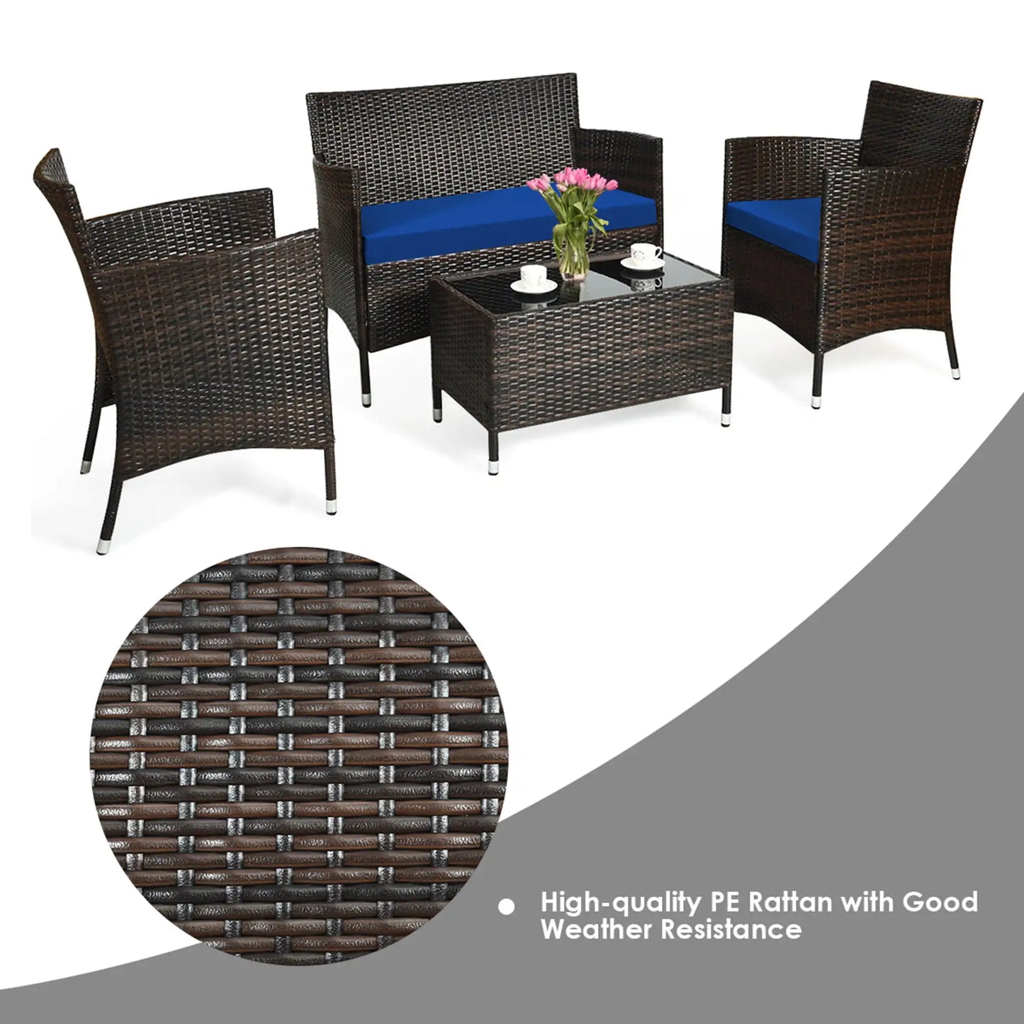 4PCS Patio Rattan Conversation Furniture Set Outdoor W/ Navy Cushion