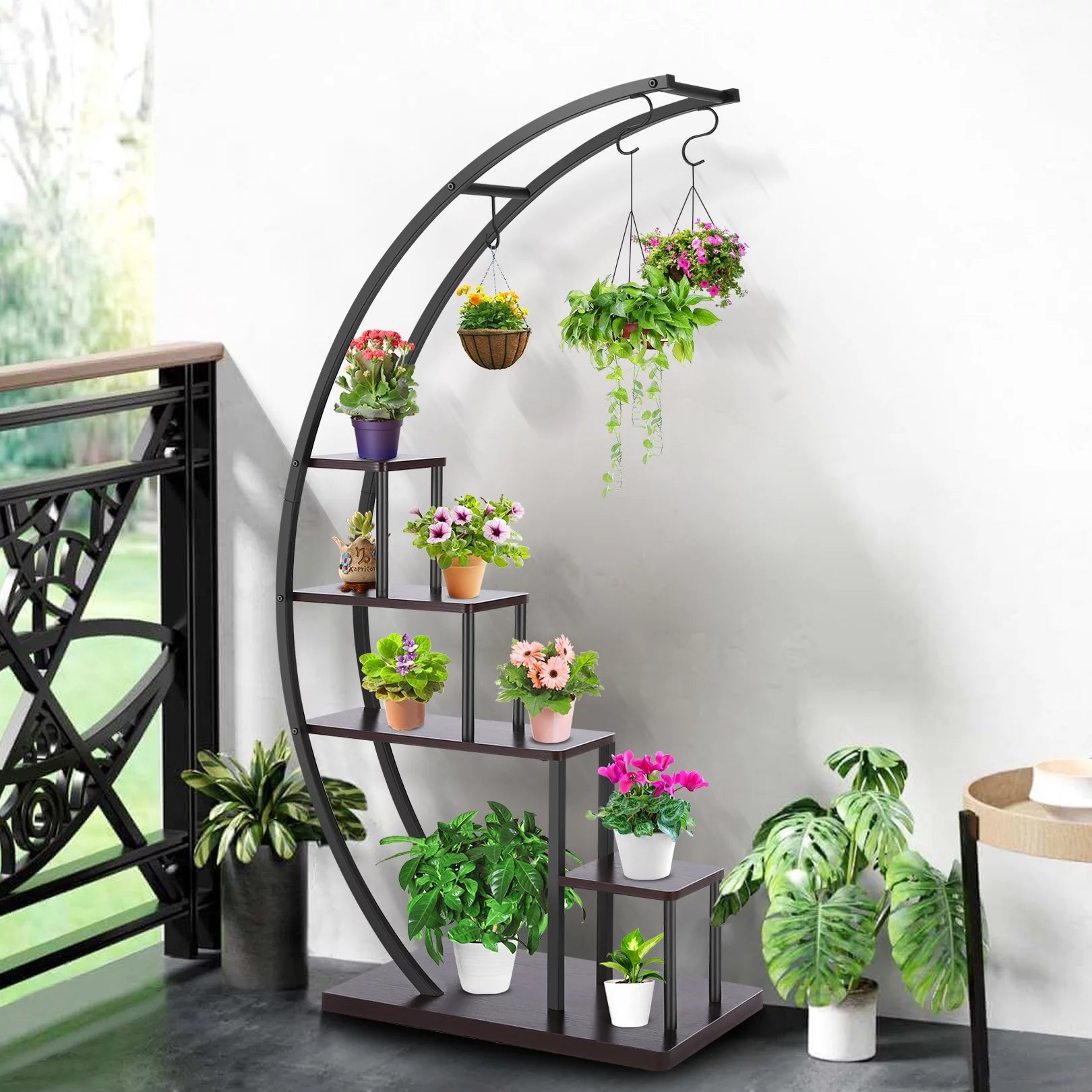 5 Tier Plant Stand for Indoor Plants, Half Moon Shape Plant Shelf with Hanging Hook, Multiple Planter Display for Home Decor, Living Room, Balcony, and Bedroom