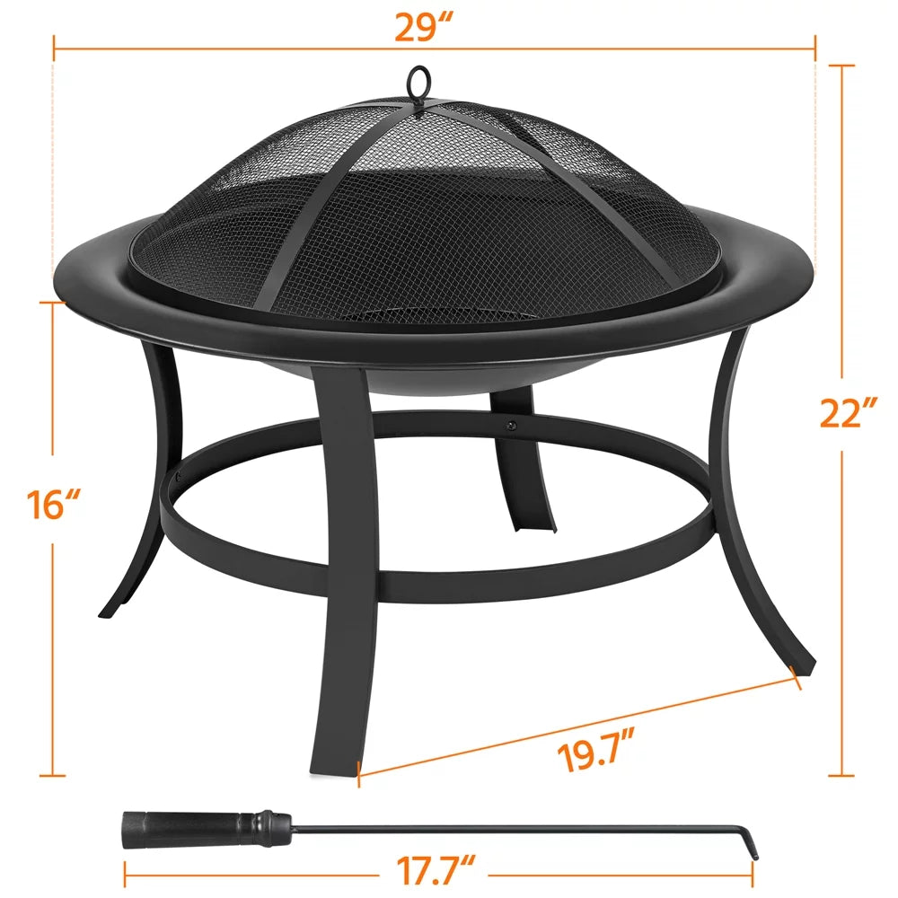 29'' round Iron Fire Pit with Spark Screen Fire Poker, Black