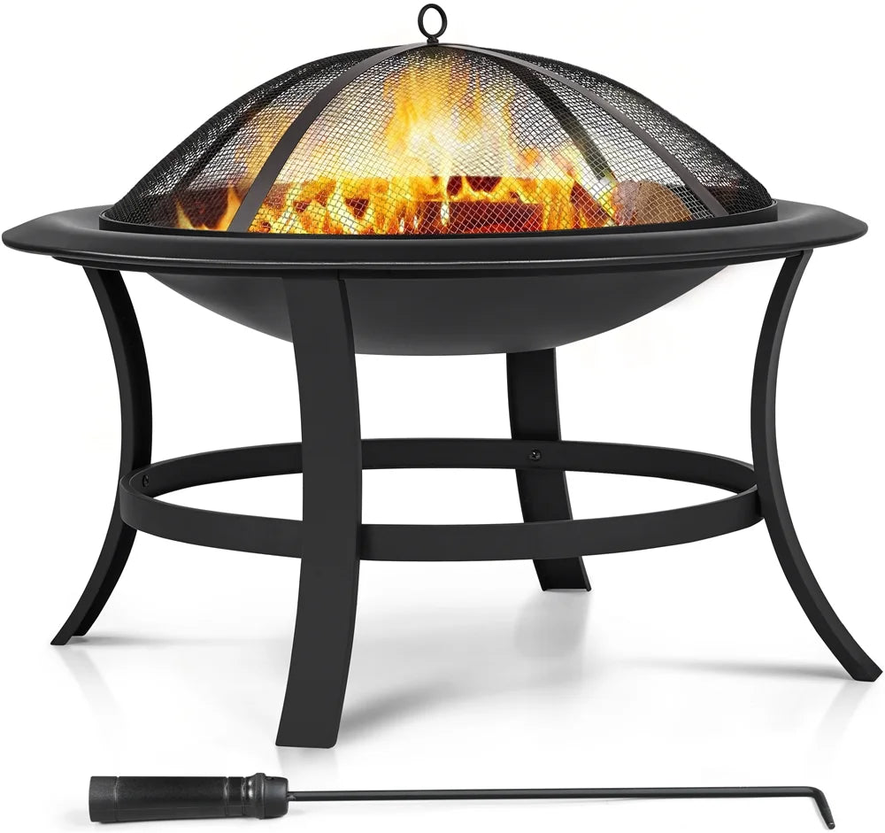 29'' round Iron Fire Pit with Spark Screen Fire Poker, Black