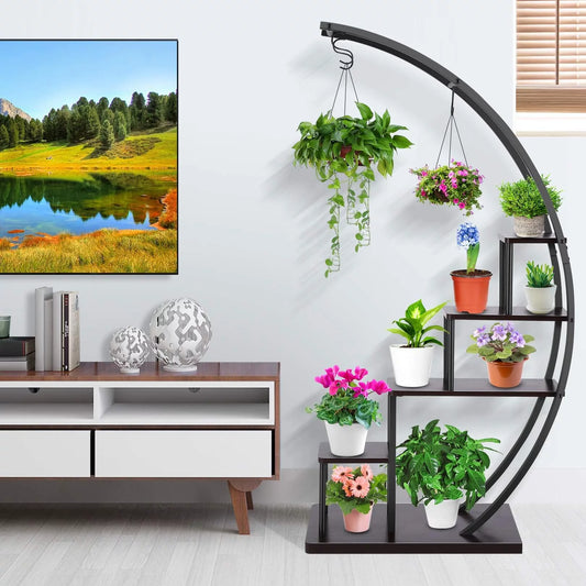 5 Tier Plant Stand for Indoor Plants, Half Moon Shape Plant Shelf with Hanging Hook, Multiple Planter Display for Home Decor, Living Room, Balcony, and Bedroom