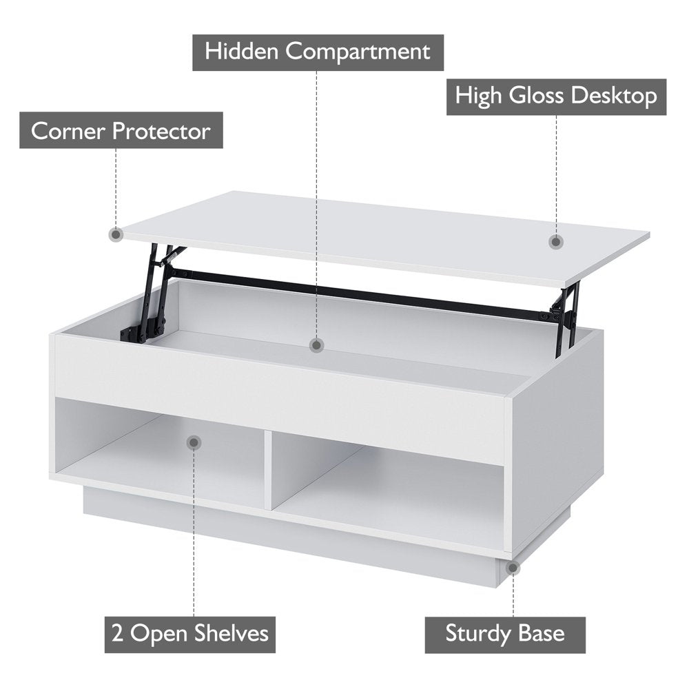 Lift Top Coffee Table with Hidden Compartment High Gloss LED Coffee Tables Center Rising Cocktail Table for Living Room Accent Furniture White Finish