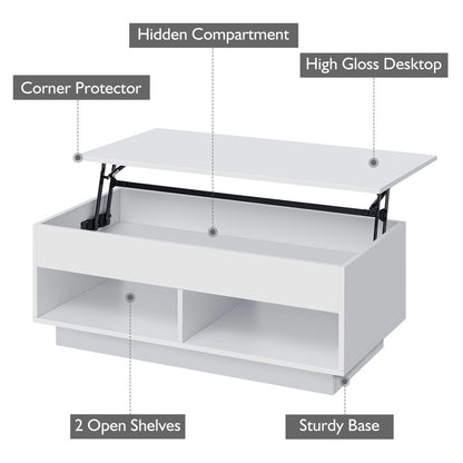 Lift Top Coffee Table with Hidden Compartment High Gloss LED Coffee Tables Center Rising Cocktail Table for Living Room Accent Furniture White Finish