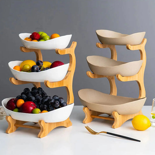 3 Layer Multi-Layer Ceramic Fruit Plate Bamboo Wooden Frame Household Basket Bowl Holder Vegetables Storage Kitchen Organizer