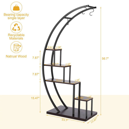 5 Tier Plant Stand for Indoor Plants, Half Moon Shape Plant Shelf with Hanging Hook, Multiple Planter Display for Home Decor, Living Room, Balcony, and Bedroom