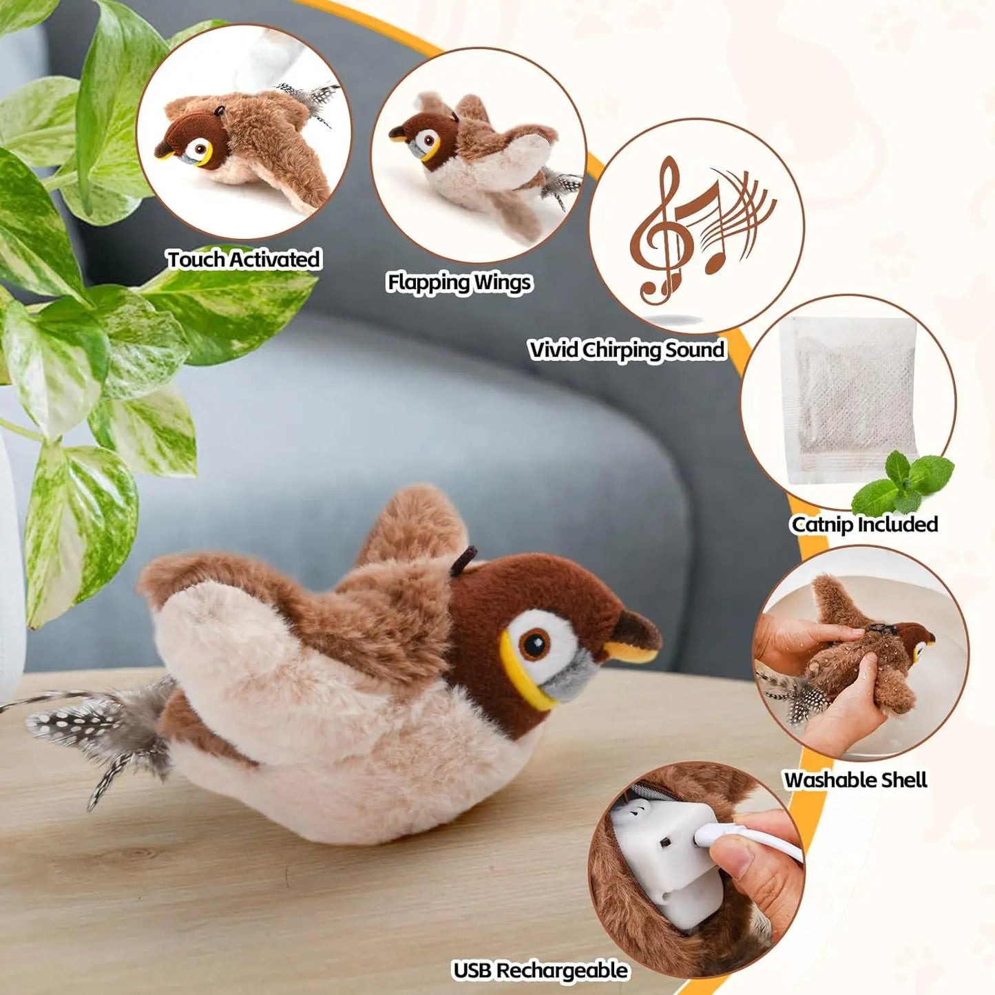 Interactive Cat Toys, Rechargeable Chirping Flapping Bird(No Flying) with Catnip for Indoor Cats, Touch Activated Plush Toys